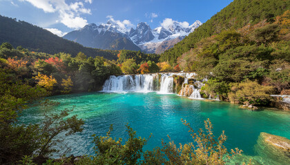 A vibrant turquoise lake and waterfall are set against a backdrop of colorful autumn forests and majestic, snow-capped mountains.