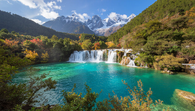 A vibrant turquoise lake and waterfall are set against a backdrop of colorful autumn forests and majestic, snow-capped mountains.