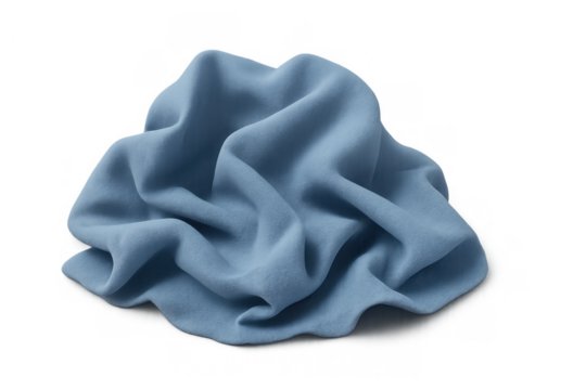 Crumpled blue fabric creating soft folds and a textured surface, isolated on a transparent background