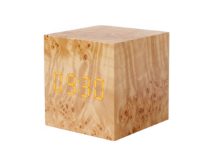 Wooden digital cube alarm clock displaying 09:30 with unique burl texture.