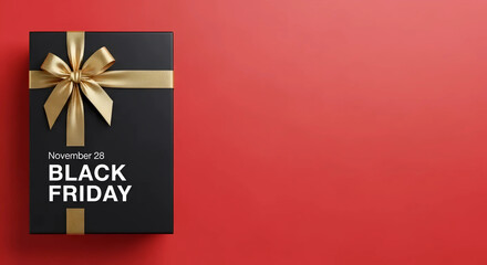 Black Friday  November 28  Gift Box with Gold Ribbon on Red Background – Copy Space