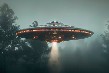 Fototapeta premium Oval UFO saucer hovering over beautiful landscape in deep dramatic sky