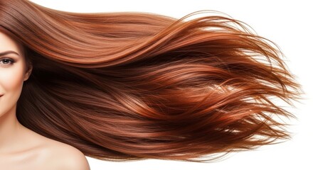 Fototapeta premium Beautiful woman with long, healthy, shiny red hair. Luxurious flowing hairstyle. Beauty portrait for hair care products, salon advertising, and hair color concepts.