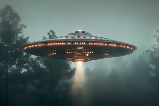 Oval UFO saucer hovering over beautiful landscape in deep dramatic sky