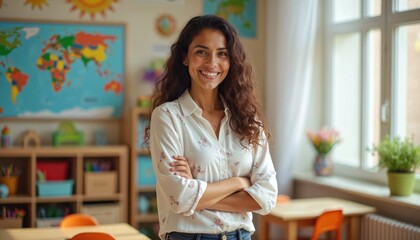 Smiling woman teacher poses with crossed arms in preschool classroom. World map on wall, shelves with toys and books. Elementary school learning environment. Happy educator indoors.