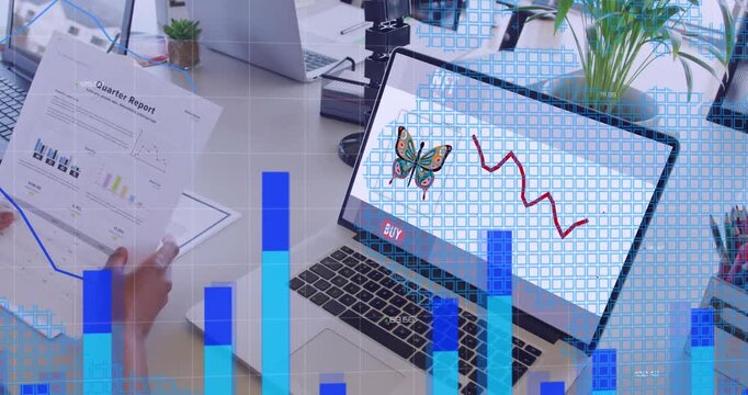 Woman using trackpad selecting butterfly NFT causing bars matching Qtr Report red trend for finance