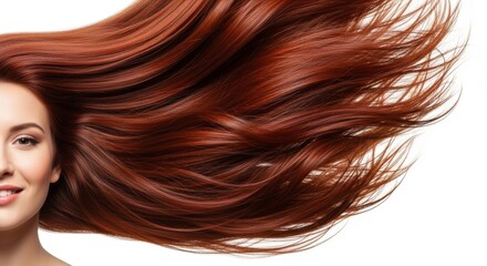 Fototapeta premium Beautiful woman with long, healthy, shiny red hair. Luxurious flowing hairstyle. Beauty portrait for hair care products, salon advertising, and hair color concepts.