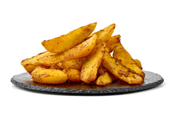 Potato Wedges on Slate, isolated on white background