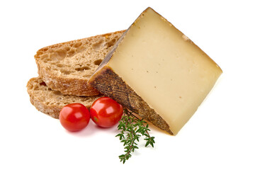 Manchego Cheese with Bread, Tomatoes and Thyme, isolated on white background