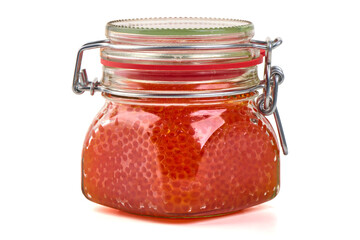 Red Caviar in Jar, isolated on white background