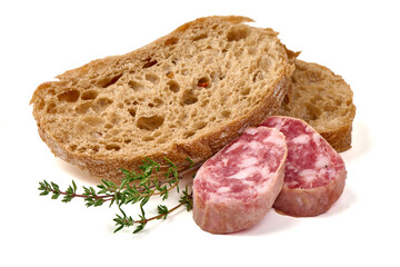 Salami with Bread and Thyme, isolated on white background