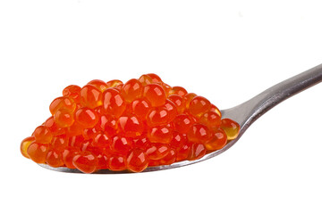 Red Caviar on Spoon, isolated on white background