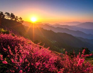 A scenic mountain vista at dawn, with vibrant pink flowers cascading down the slopes as the sun bursts through the clouds