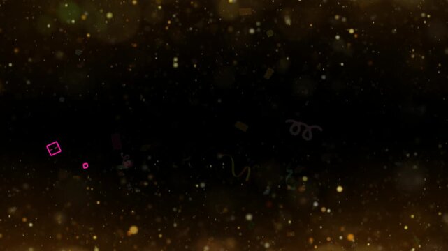 Happy birthday to you neon text with confetti and party flags on a dark background celebration