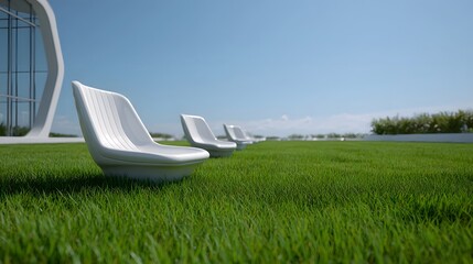 A row of modern white chairs on a lush green lawn under a clear blue sky with a futuristic building in the background