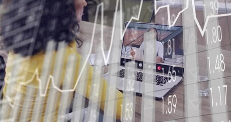 Woman leaning into laptop while remote host gesturing, causing rising finance charts for review