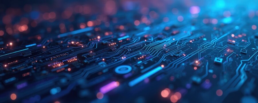 Close-up abstract view of glowing electric circuits board. Blue and orange lights form pathways across dark digital background. Modern technology concept for data flow.