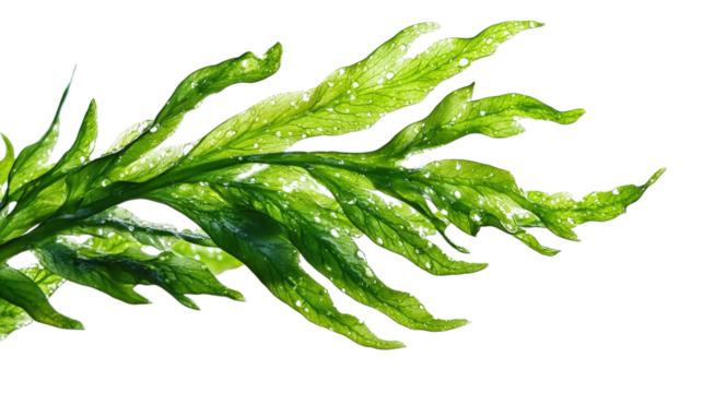 Fresh green seaweed leaves with water droplets isolated on a transparent background