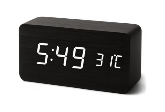 Modern black wooden digital alarm clock displaying time and temperature on screen.