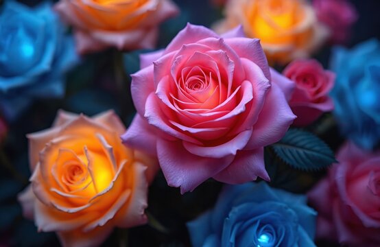 Colorful illuminated roses bloom vividly. Pink, orange, blue flowers glow brightly against dark background. Petals display intricate details, rich texture, vibrant hues. Radiant floral display forms