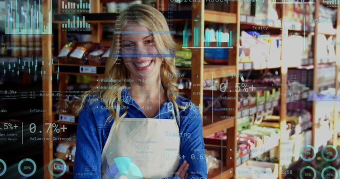 Grocery owner shifting pose while camera closing in, initiating HUD highlighting blue-green product