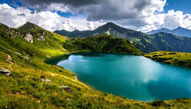 A scenic mountainous landscape features a crystal-clear turquoise lake reflecting the sky, framed by green slopes and peaks. A trail is visible