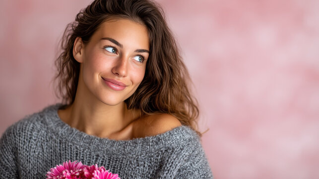 Smiling woman holding bouquet of pink flowers as a birthday gift. Warm emotion of appreciation and love suitable for Mother’s Day and Valentine’s Day greetings..