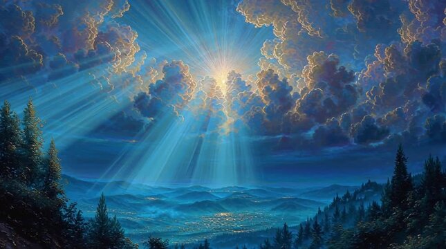 A sublime depiction of Jesus' descent, illuminated by a celestial, ethereal blue sky with brilliant rays of light, conveying profound spiritual majesty and divine grace.