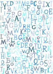 Hand drawn typography banner.Abstract vertical geometric background.childish letters of different blue shades .english alphabet background.Watercolor grunge bold font texture