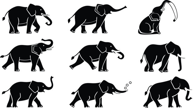 Elegant silhouettes of elephants in various poses, showcasing strength and grace, perfect for wildlife conservation projects and design elements - Powered by Adobe