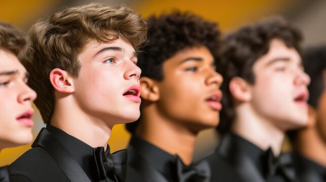 Capture of young male singers in formal attire, showcasing emotion and focus while performing, Ideal for music-related content, educational materials, or representation of youth culture in arts,