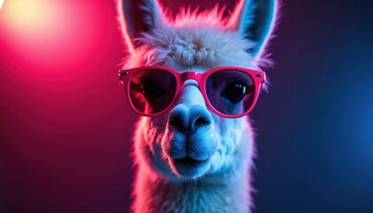 Obraz premium Llama wears bright pink sunglasses in studio setting. Neon pink, blue lights illuminate fuzzy animal head. Looks cool, chill, funny, trendy. Alpaca poses for modern close up studio portrait.