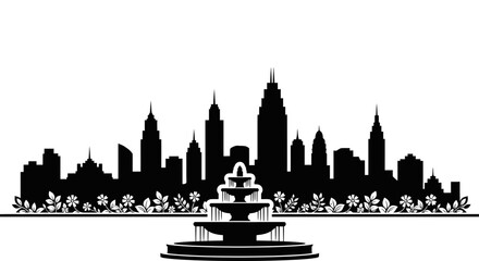 Fototapeta premium Modern city skyline with fountain and floral border