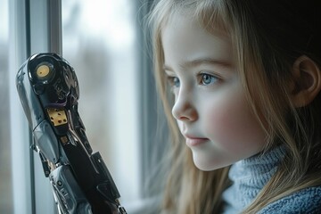 Young girl with robotic prosthetic arm gazes out the window, reflecting a moment of curiosity and resilience in her daily life