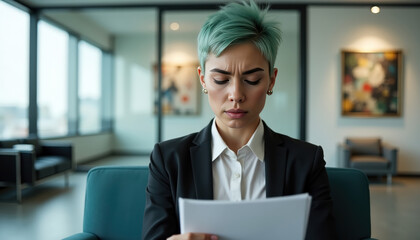Professional woman reading document in modern office setting
