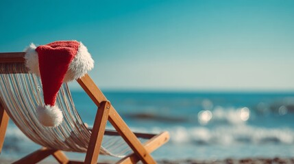 Santa hat on beach chair facing the ocean
