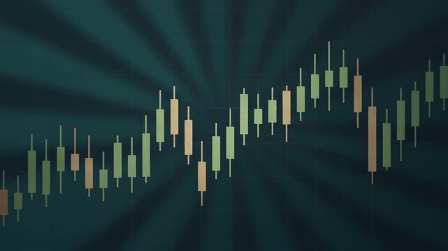 Stylized Candlestick Chart with Green and Brown Glow on Radial Gradient Background with Ripple Motion