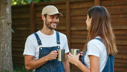 Young man and woman drink tea outdoors. Couple talking in garden at wooden fence. People hold mugs, enjoy time together. They wear casual overalls, white t-shirts and have friendly conversation.
