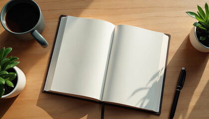 Open blank notebook on wooden desk with coffee cup, plants. Black pen lies next to book. Minimalistic workspace setup for writing reading. Desk illuminated by natural light with shadows. Two potted
