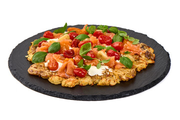 Potato Cake with Salmon, Cherry Tomatoes and Basil, isolated on white background