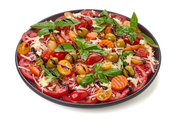 Tomato Salad with Basil and Balsamic Glaze, isolated on white background