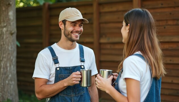 Young man and woman drink tea outdoors. Couple talking in garden at wooden fence. People hold mugs, enjoy time together. They wear casual overalls, white t-shirts and have friendly conversation.