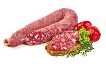 Salami on Bread with Tomato, Lettuce, Thyme, isolated on white background