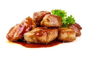 Glazed Pork Cubes with Lettuce, isolated on white background