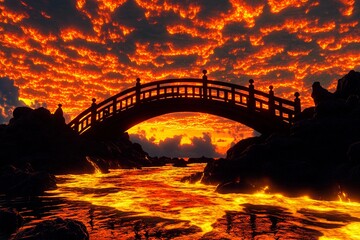 Obraz premium Glowing bridge spans molten gold river under a vibrant fiery sky at sunset