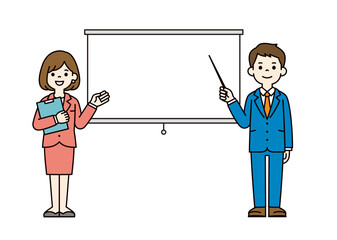 スクリーンと、ポインターを持って説明する男性社員の全身ベクターイラスト素材＿カラー