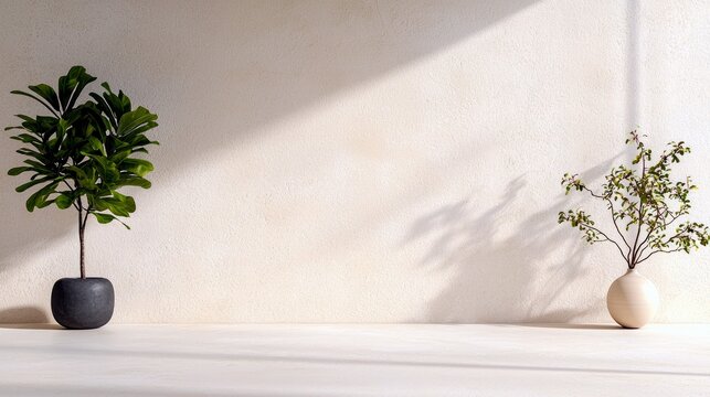 A minimalist interior scene features two potted plants, one large and leafy, the other a delicate branch, against a textured wall with soft sunlight and shadows - Powered by Adobe