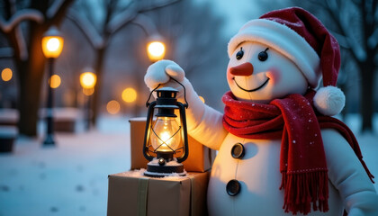 Festive snowman holding lantern in winter park with fresh snow and holiday decorations for christmas celebrations