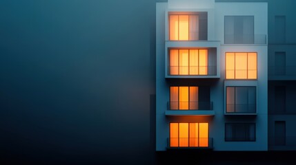 A modern building with glowing orange windows against a dark background, creating a moody atmosphere ideal for real estate ads, architectural designs, or urban living concepts,