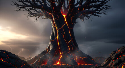Dramatic fantasy landscape with a glowing, fiery tree at the center, perfect for book covers or epic digital art